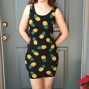 Pineapple Print Black Bodycon Dress LBD